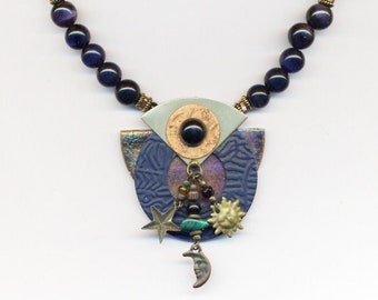 One of a Kind Statement Necklace Ceramic Blue Tiger Eye Blue Goldstone Charms Moon Sun Star Copper Gold