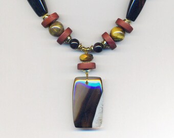 Stunning One of a Kind Necklace with Agate Pendant, Agate,Tiger Eye and Glass Beads Statement