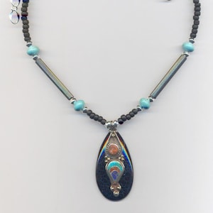 One of a Kind Necklace with Black Agate Pendant and Tibetan Silver, Coral, Lapis,Turquoise Beaded in Black with Turquoise and Silver