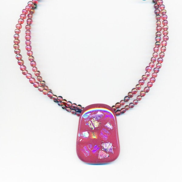 Beautiful One of a Kind Necklace withColorful Fused Glass Pendant in Watermelon and Pink Colors Glass Accent Beads