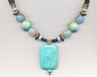 Statement One of a Kind Necklace Pendant Howlite, Agate, Seed Beads, turquoise, blues, greens