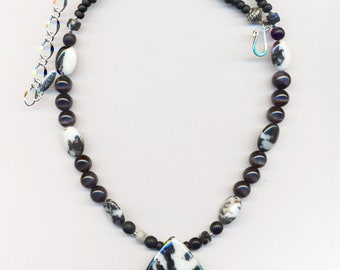 Striking Fashionable One of a Kind Black and White Necklace Zebra Jasper Dark Gray Tiger Eye Beads Statement Contemporary