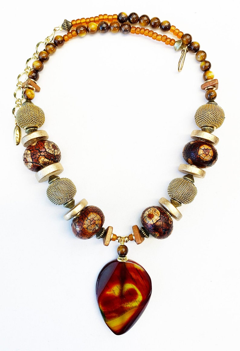 One of a Kind Necklace Agate Pendant Gold Tone Mesh Beads Ceramic Large Beads Mother of Pearl Statement Brown Rust Beaded