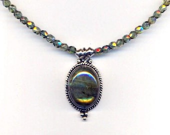 Labradorite  Pendant Necklace  Beaded with Green Crystal