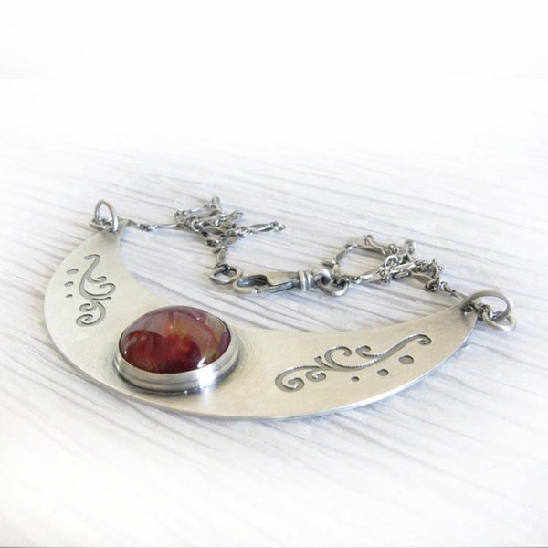 Unique crescent pet memorial necklace artisan made from glass, cremation ashes and sterling silver ~ Ethereal