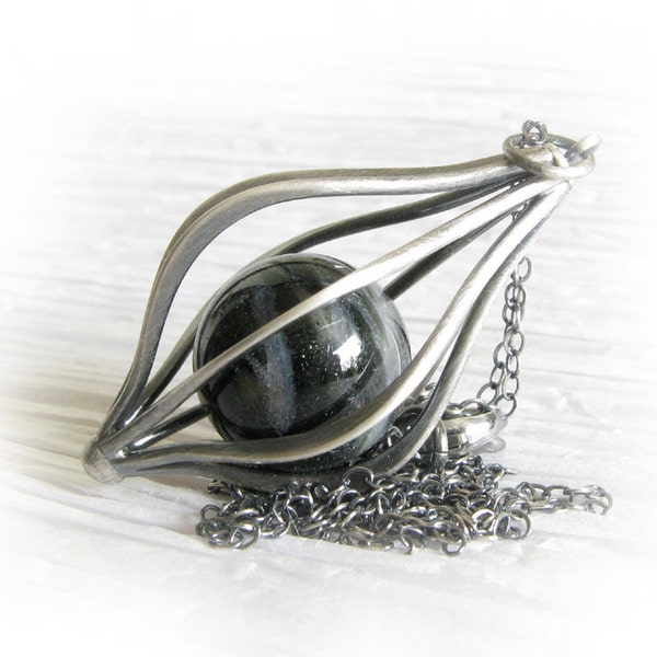 Pet memorial glass marble cage necklace in antiqued sterling silver ~ Envelop