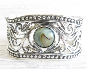 Glass pet cremation ashes memorial filigree sterling silver cuff bracelet ~ Dawn