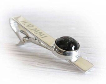 Glass cremation ash engraved memorial tie bar artisan handmade from sterling silver ~ Reverance