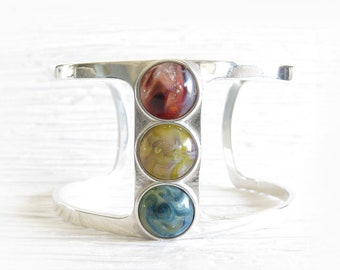 Triple glass cremation ashes memorial open cuff sterling silver bracelet ~ Peaceful