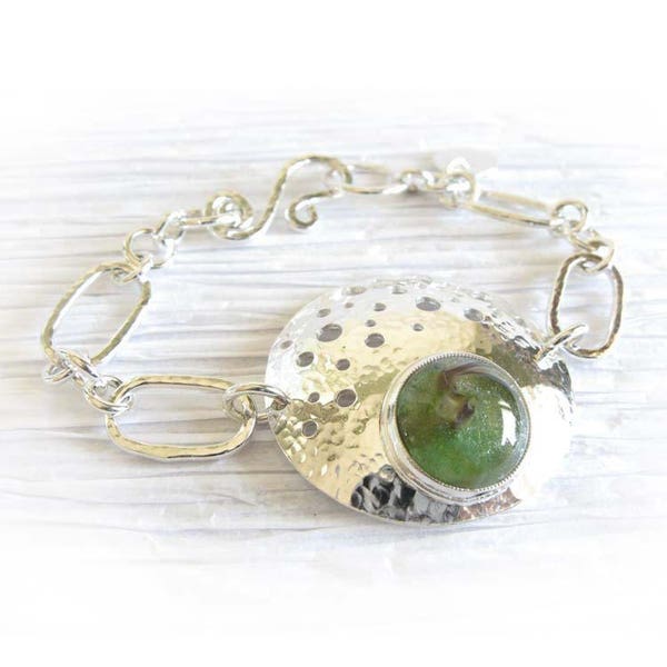 Unique pet memorial chain bracelet with cremation ashes in glass artisan handmade from sterling silver ~ Vitality