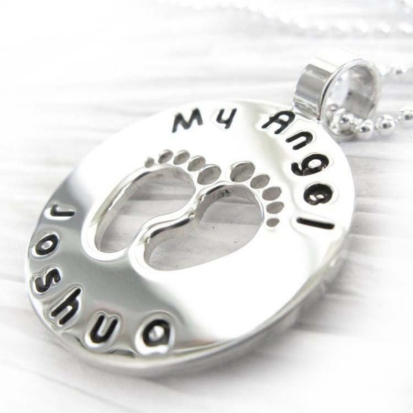 Infant loss memorial Angel Baby necklace.  Sterling silver personalized pendant. Loss of baby mourning jewelry.  Footprints. Mourning mom.