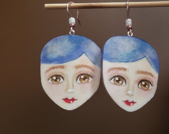 Face earrings - paper earrings - watercolor paper earrings - paper Mache earrings - painted earrings - modern jewelry - paper yewelry