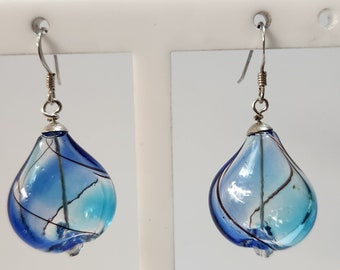 Blue Blown Glass earrings, 23mm, Sterling silver