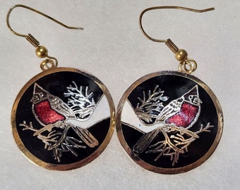 Vintage Red Bird Cardinal Cloisonné Earrings, 28mm