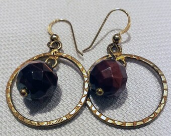 Red Tiger Eye Earrings, 21mm gold-filled hoops