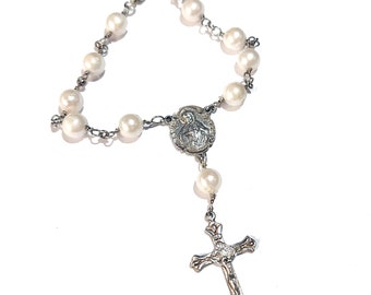 Akoya Pearl Car Rosary with Sterling Silver Center and Crucifix and Magnetic Clasp