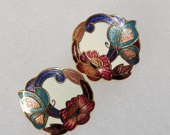 Vintage Butterfly and Flower Cloisonné Earrings, 21mm