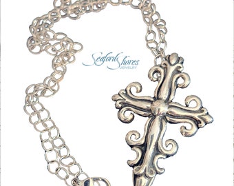 Sterling Silver Ornate Cross 32 grams (56mm / 2.5 inches) with Silver PLATED 20 inch Cable Chain