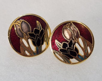 Vintage Cloisonné Tulip Earrings, 21mm