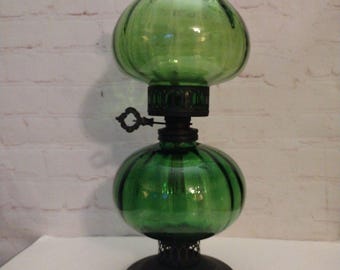Vintage Mid Century Modern Green Glass Kerosene Oil Lamp Made In Hong Kong