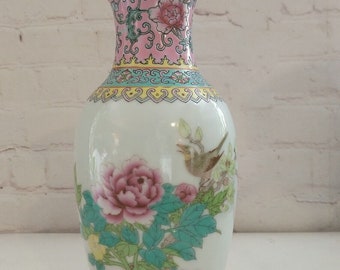 Vintage Chinese Famille Rose Porcelain Pink Floral with Birds Vase 8.25"