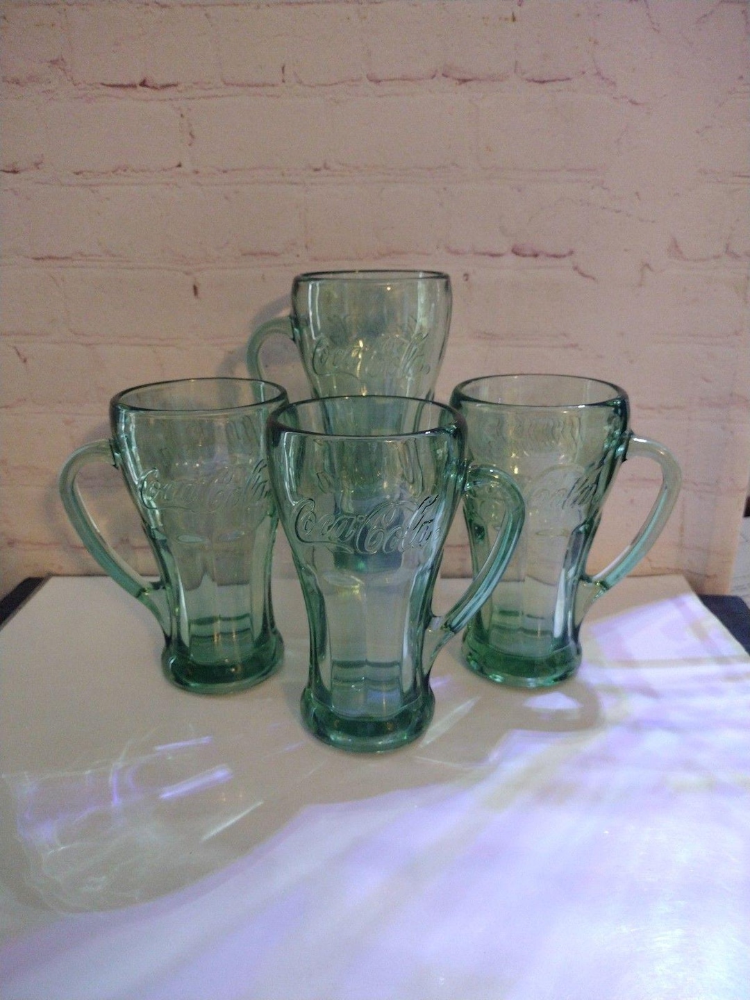 Vintage Libbey Coca-cola Glasses With Handles Heavy Green Glass Mugs ...