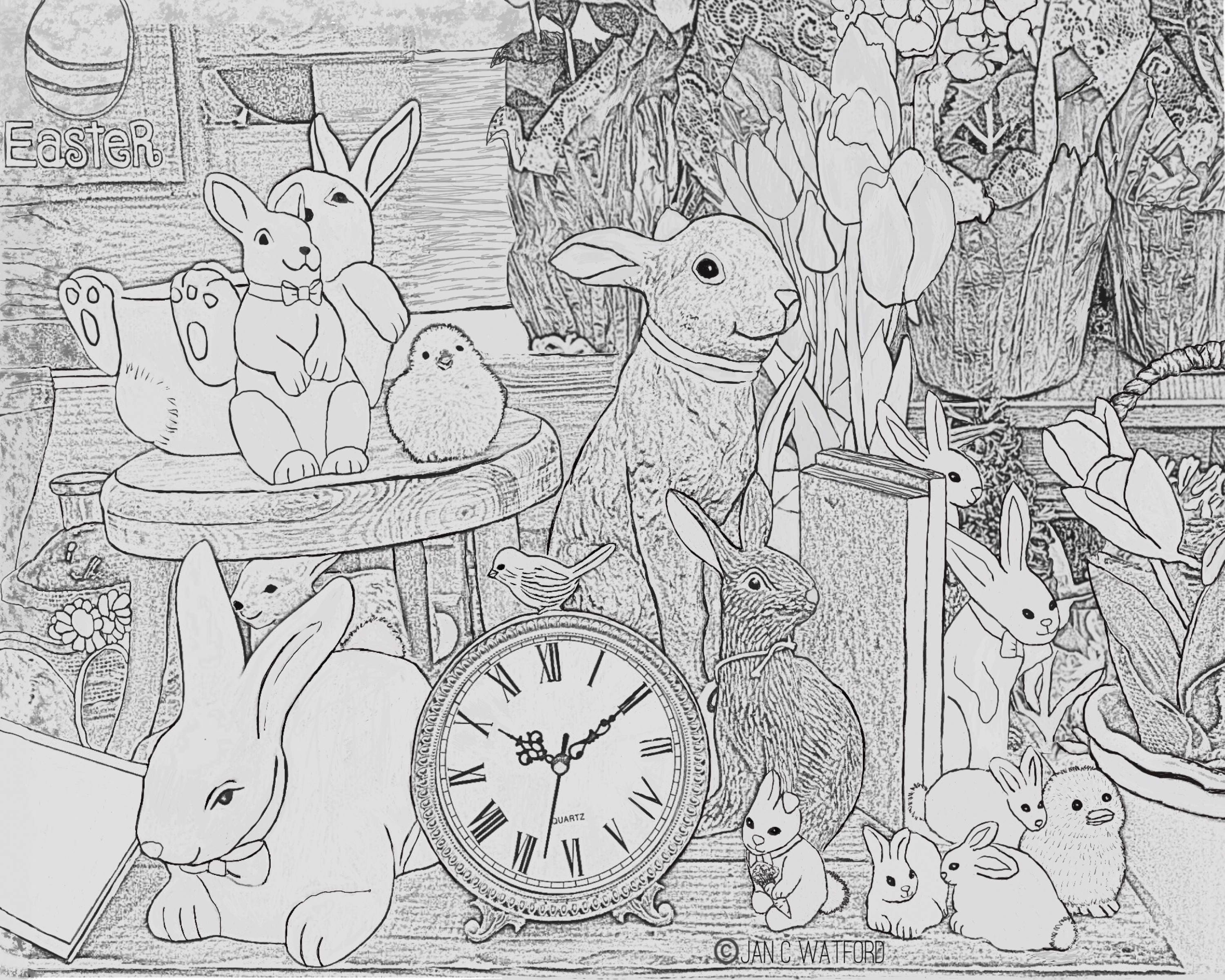 Download Easter Bunny Time Adult Coloring Pages Gray Scale | Etsy