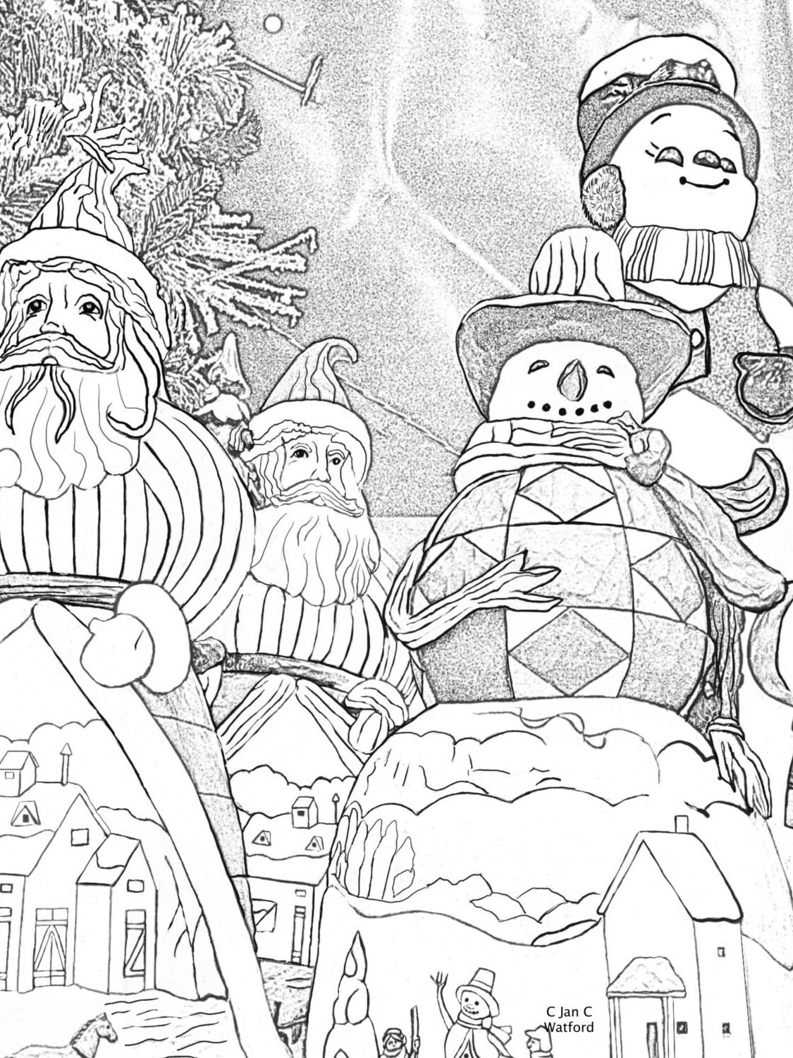 Santas and Snowman, Adult Coloring Pages, Adult Coloring, Christmas, Gray Scale, Printable, Digital Download, Adult Coloring Book