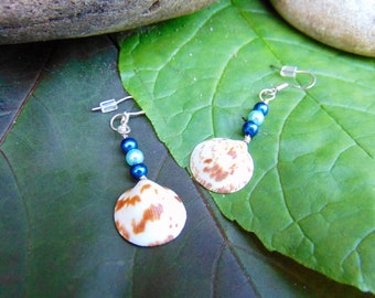 Shell earrings, Blue pearl beads, Dangle Earring, gift for her, gift for mom.