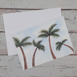 Carte de voeux, faite main, peinte à la main, oeuvre d'art, souvenir, anniversaire, merci, mariage, retraite, palmiers, paysage, pour papa, mari.