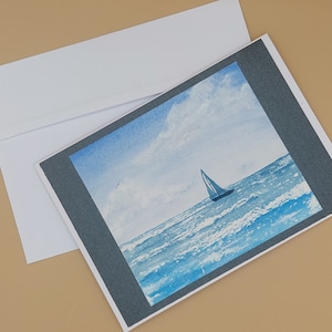 Carte de voeux, faite main, peinte à la main, oeuvre d'art, souvenir, anniversaire, merci, mariage, retraite, voilier, mer, pour papa, mari, ami.