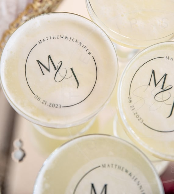 Wedding Monogram Edible Drink Topper, Name and Date wedding cocktail topper