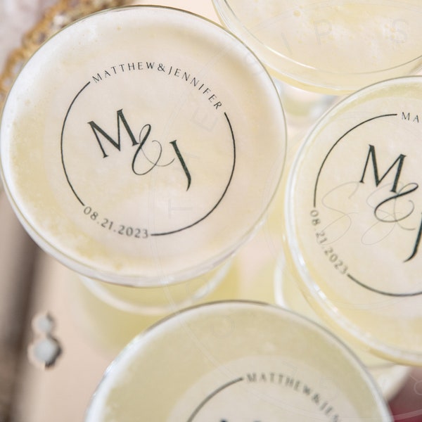 Wedding Monogram Edible Drink Topper, Name and Date wedding cocktail topper