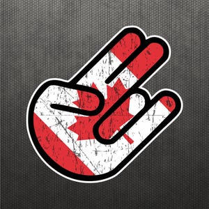 May include: A sticker depicting a hand gesture with three fingers extended, incorporating the Canadian flag design. The flag has a distressed, vintage appearance. The background is a textured grey.