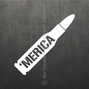 May include: White vinyl sticker of a bullet with the word 'MERICA' printed on it.