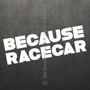 May include: White vinyl sticker with the text "Because Racecar" on a grey background.