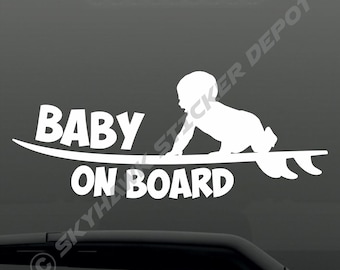 Baby On Board Funny Bumper Sticker Vinyl Decal - Surfer Baby Surfing Surfboard Sticker Sea Ocean Car Van Truck SUV JDM Dope Euro ill Truck