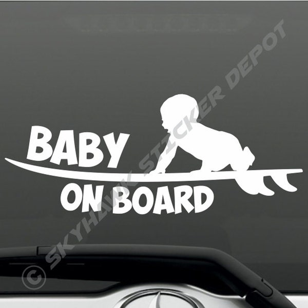 Baby On Board Funny Bumper Sticker Vinyl Decal - Surfer Baby Surfing Surfboard Sticker Sea Ocean Car Van Truck SUV JDM Dope Euro ill Truck