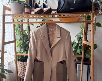 Good American Colorblock Blazer Size 2 | Beige Taupe Tailored Jacket | Quiet Luxury | Modern Office Chic