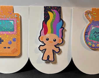 90's Inspired Toy's, Troll, Tamagotchi, Game Console, Set of 3 Holographic Magnetic Book-Markers