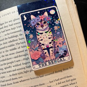 May include: A whimsical illustration of a Bengal cat wearing a flower crown. The cat is surrounded by flowers and stars on a dark blue background. The text "THE BENGAL" is printed below the cat.