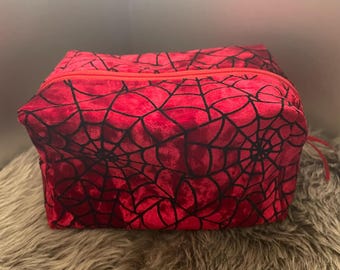 Estuche con cremallera para lápices y maquillaje de tela de araña negra y roja para Halloween