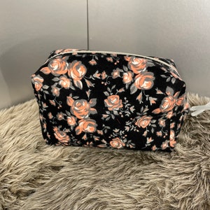 Peach Dark Floral Soft Fabric Make Up / Pencil Boxy Zipper Bag