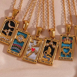 18K Gold Plated Tarot Card Necklace Sun, Lover, Moon, Magician, Empress Gemstone Pendant Necklace Mystic Zodiac Jewelry Gift For Her