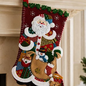 Felt Christmas Stocking, Patchwork Santa with Snowman
