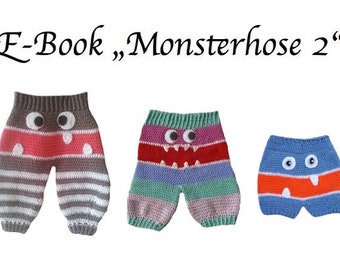 Puede incluir: Tres pares de pantalones de bebé de ganchillo con caras de monstruos. Los pantalones son de rayas en varios colores, incluyendo gris, blanco, rosa, rojo, azul, verde y naranja. Las caras de los monstruos tienen ojos grandes y dientes.