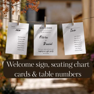 May include: Wedding reception decor showing three white cards suspended by pegs. The cards display table numbers, guest names, and a welcome message for Olivia and Daniel. The bottom banner reads: Welcome sign, seating chart cards & table numbers.
