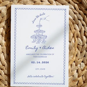 Handgetekende bruiloft-save-the-date-kaartsjabloon bewerkbare save-the-date-kaarten geïllustreerd huwelijksaankondiging handgeschreven uitnodiging retro