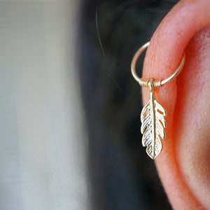 feather cartilage earring, helix piercing hoop, gold filled hoop