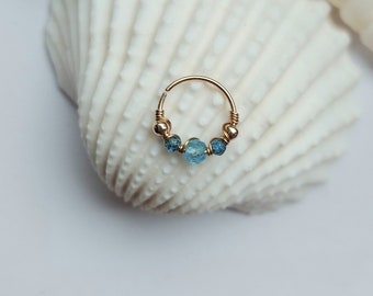 Apatite blue stone nose ring - gemstone piercing - beaded nose ring - gold filled nose ring - nose hoop - thin helix - 24 gauge hoops